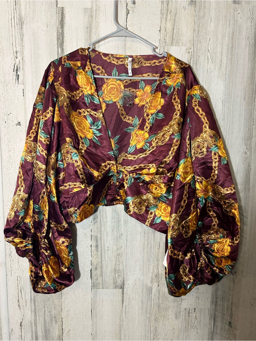 Womens Floral Chain Print Cropped Blouse - Burgundy & Yellow